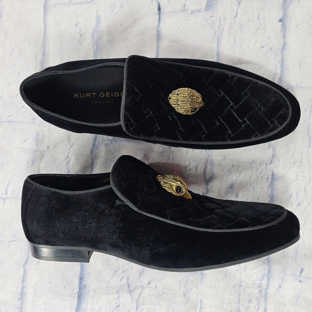 Kurt Geiger London Velvet Loafers Mens 41 Black Quilted Eagle Head Dress Shoes